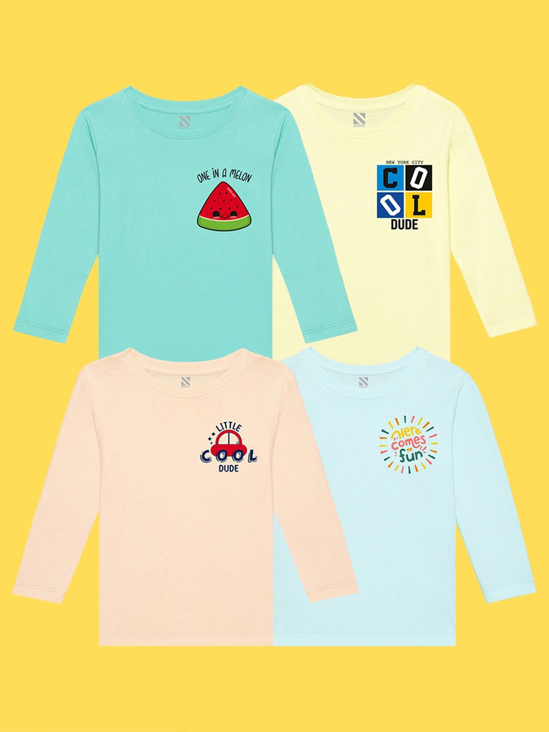 

NUSYL Kids Pack of 4 Sea Green & Blue Printed Cotton T-shirt