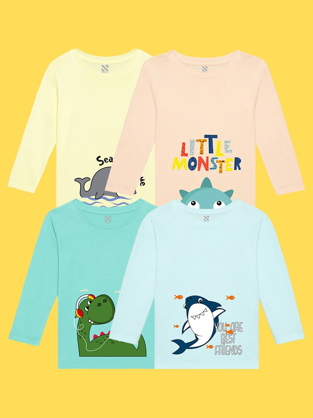 

NUSYL Kids Pack Of 4 Printed Pure Cotton T-shirt, Turquoise blue
