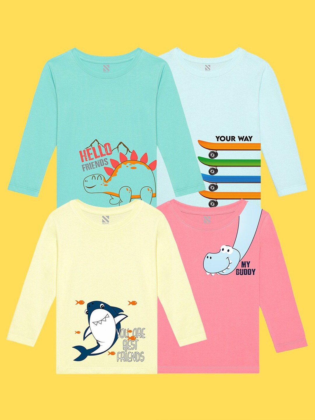 

NUSYL Kids Pack Of 4 Printed Pure Cotton T-shirt, Yellow