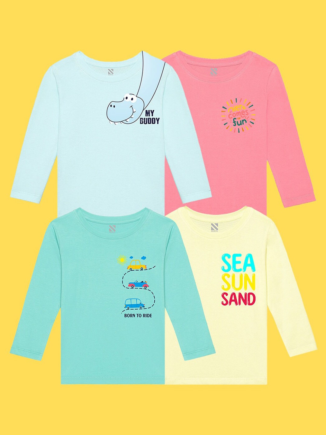 

NUSYL Kids Pack Of 4 Printed Pure Cotton T-shirt, Yellow