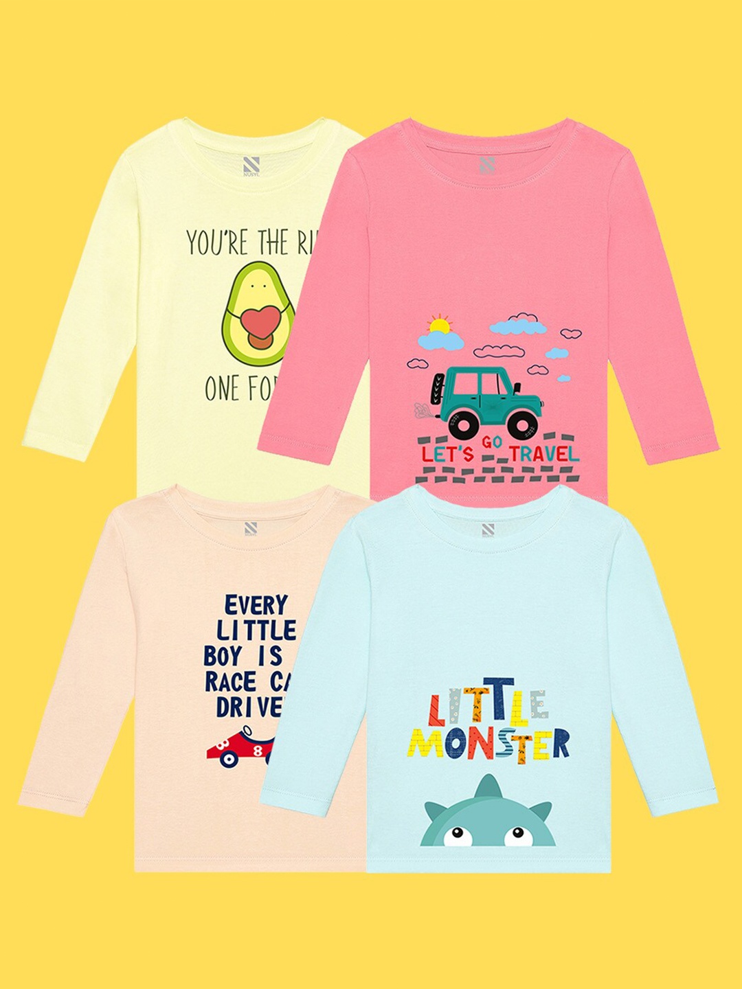 

NUSYL Kids Pack Of 4 Printed Pure Cotton T-shirt, Yellow