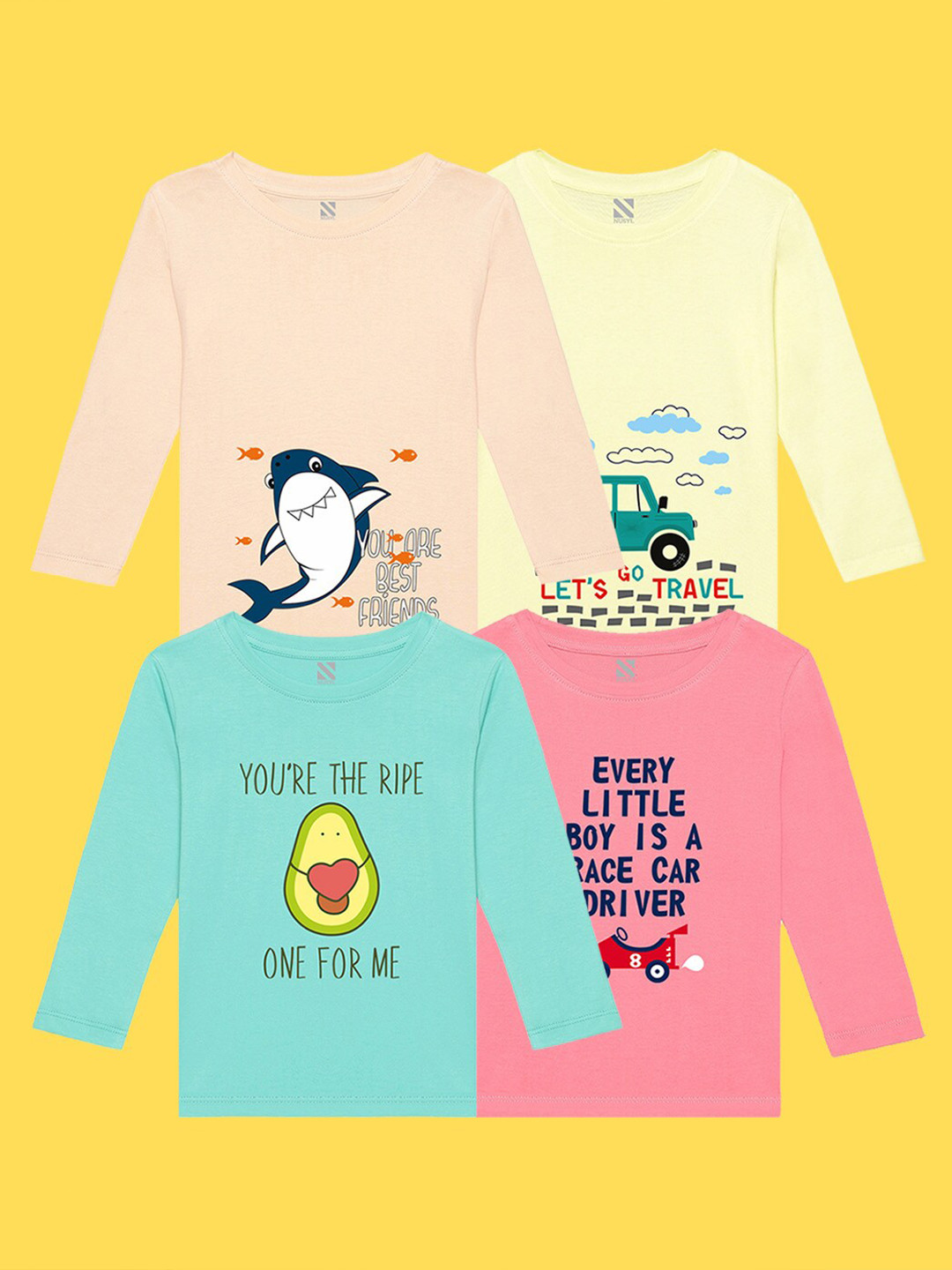 

NUSYL Kids Pack Of 4 Printed Pure Cotton T-shirt, Peach