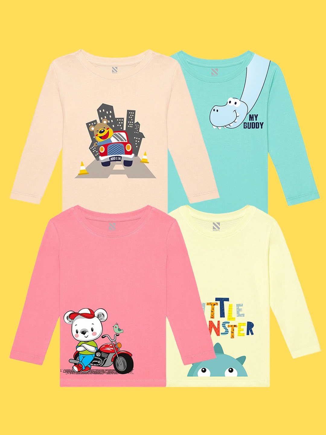 NUSYL Kids Pack Of 4 Printed Pure Cotton T-shirt, Yellow