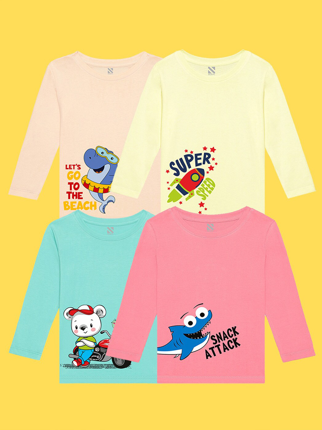 

NUSYL Kids Pack Of 4 Printed Pure Cotton T-shirt, Peach