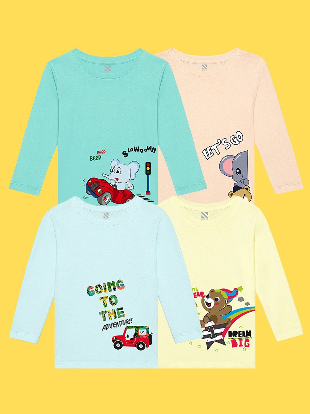 

NUSYL Kids Pack Of 4 Printed Pure Cotton T-shirt, Turquoise blue