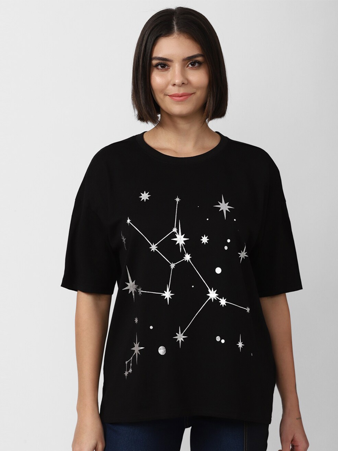 

FOREVER 21 Women Black Printed Pure Cotton Top