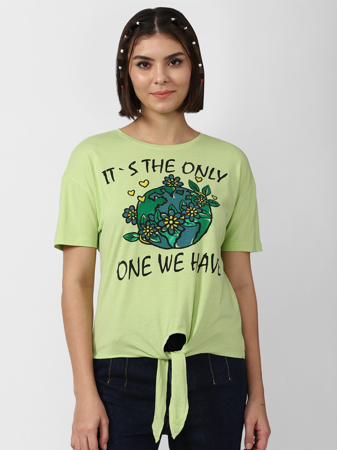 

FOREVER 21 Women Green Graphic Print Top