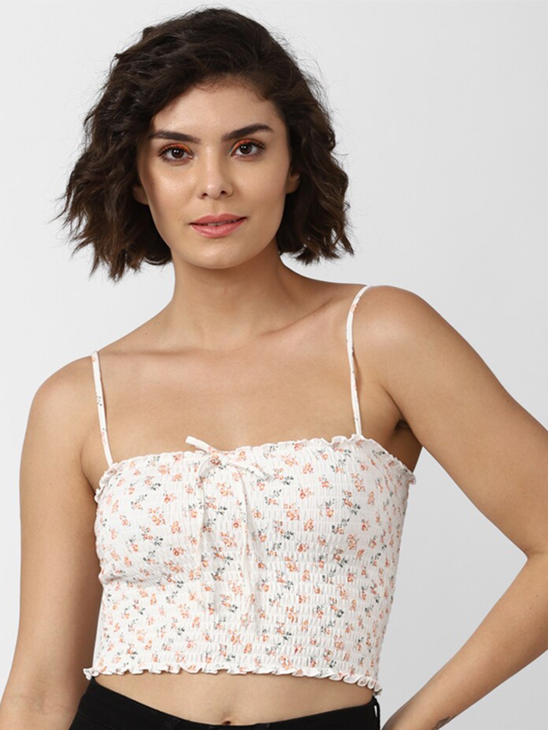 

FOREVER 21 White Floral Print Smocked Tube Crop Top