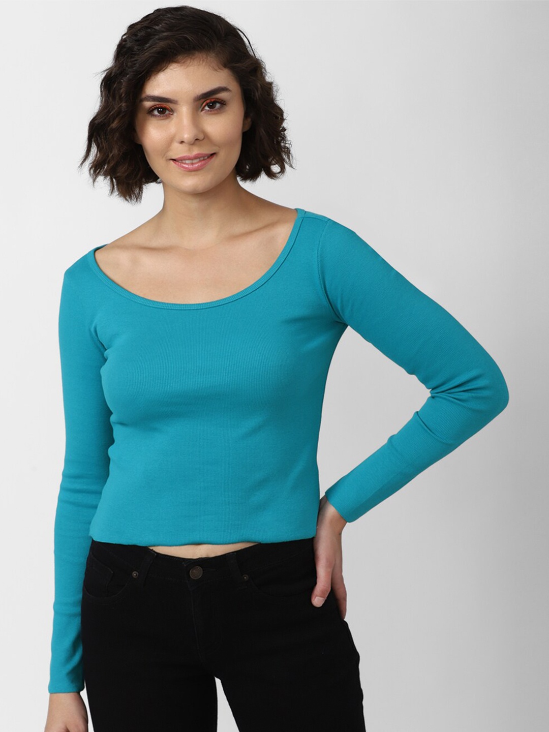 

FOREVER 21 Women Teal Solid Crop Top