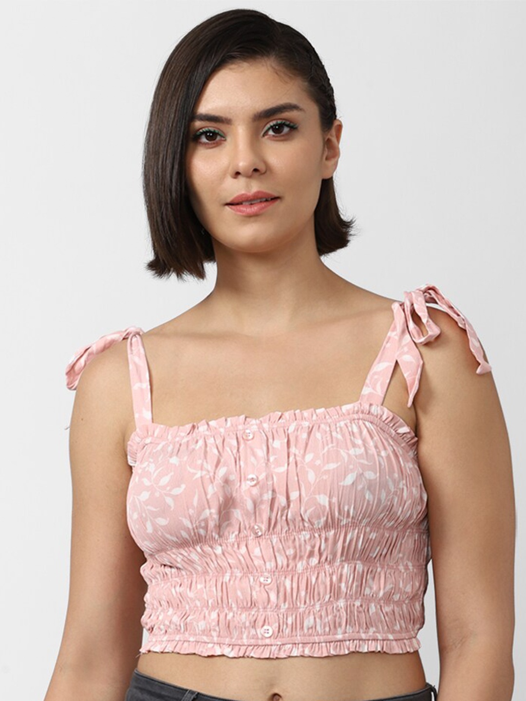 

FOREVER 21 Pink Floral Print Smocked Bralette Crop Top