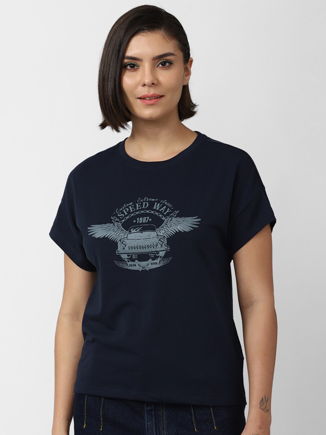 

FOREVER 21 Women Blue Printed Drop-Shoulder Sleeves T-shirt