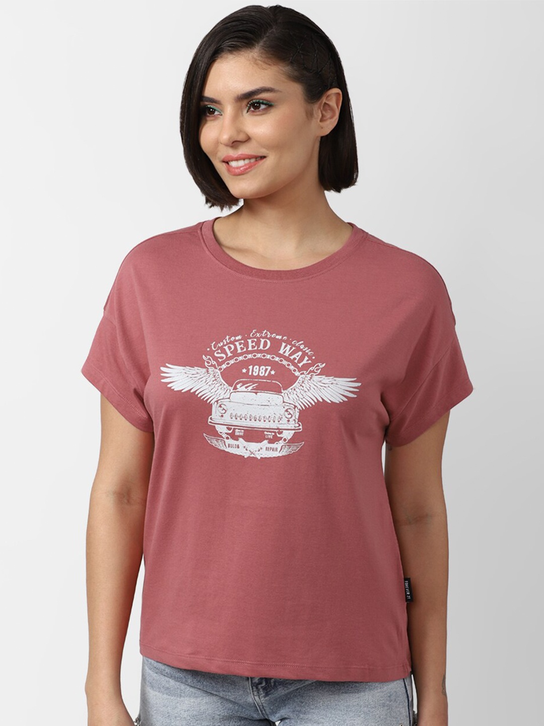 

FOREVER 21 Women Rust Pink Printed Drop-Shoulder Sleeves T-shirt