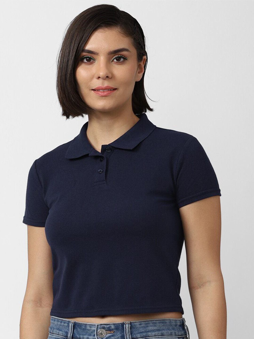 

FOREVER 21 Women Blue Polo Collar Crop T-shirt