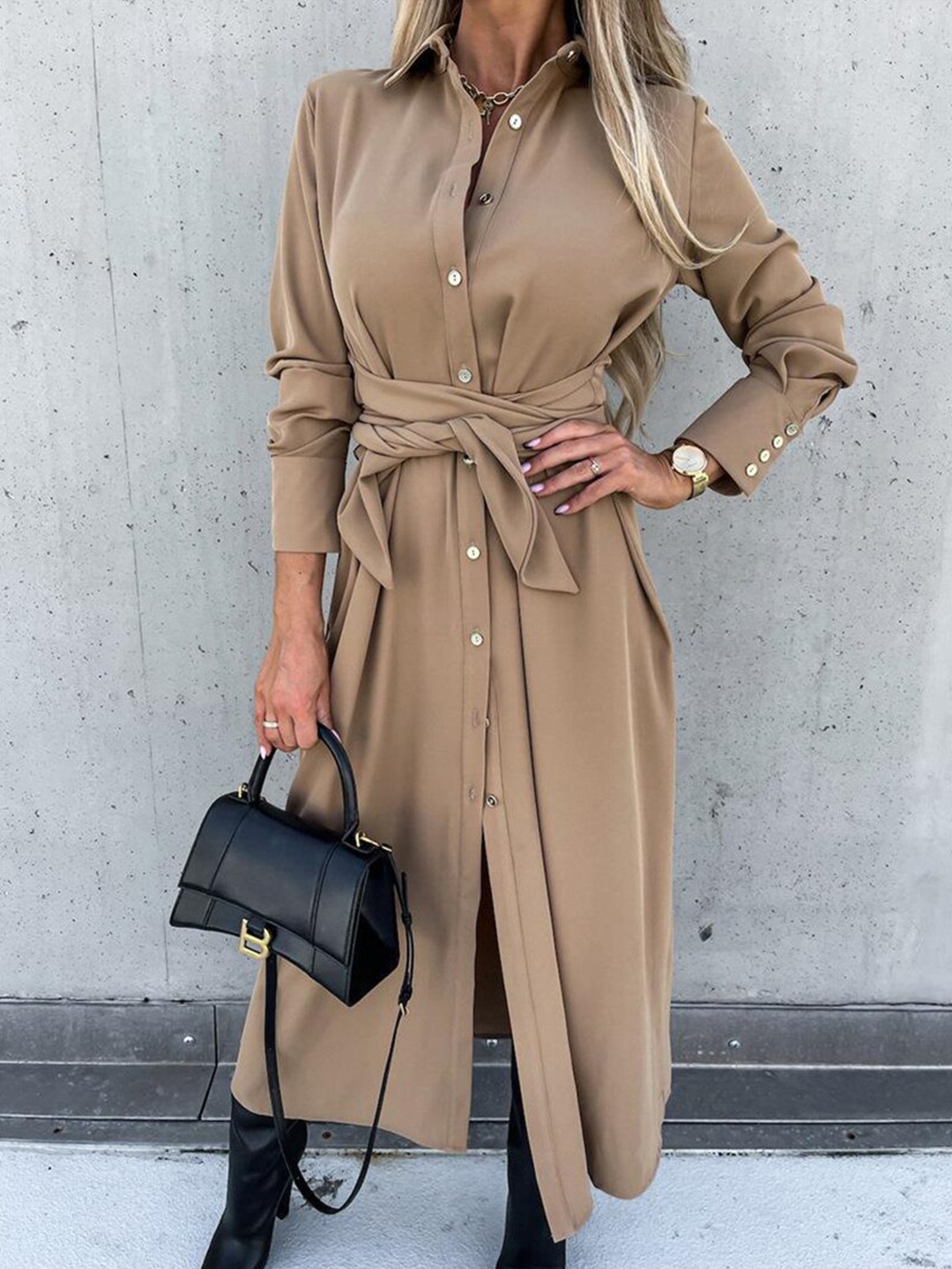 

BoStreet Women Khaki Solid Polyester Shirt Midi Dress