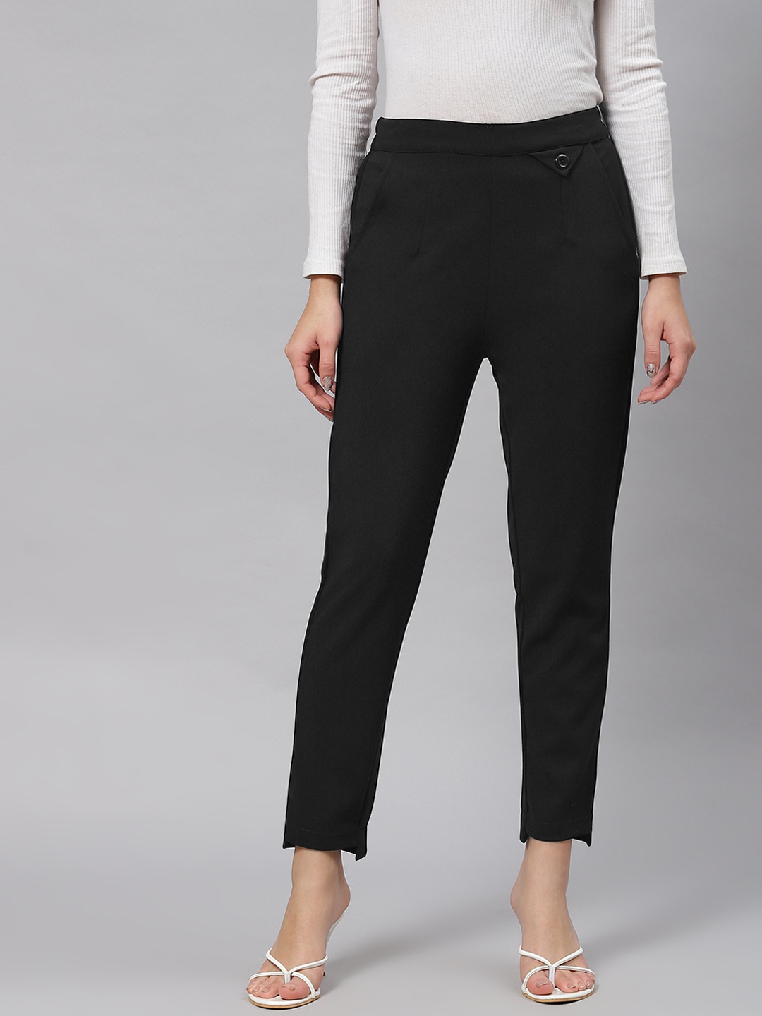 

plusS WORX Women Black Solid Mid-Rise Regular Fit Trousers