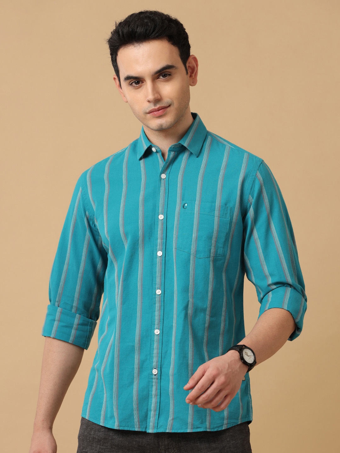

CAVALLO by Linen Club Men Turquoise Blue Striped Linen Casual Shirt