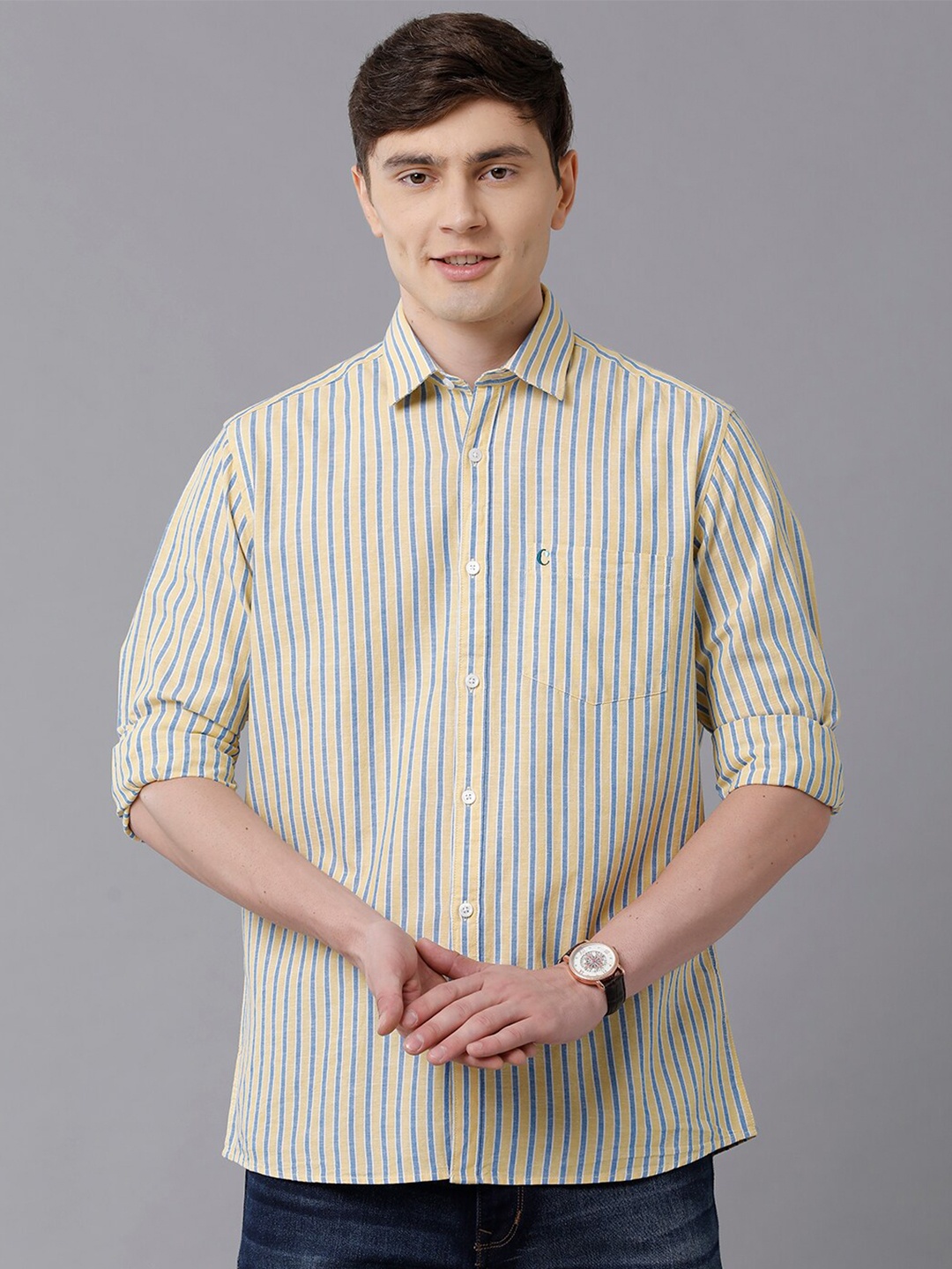

CAVALLO by Linen Club Men Yellow & Blue Striped Linen Regular Fit Casual Shirt