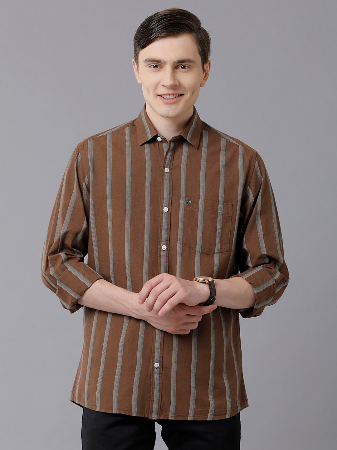 

CAVALLO by Linen Club Men Brown Striped Linen Regular Fit Casual Shirt