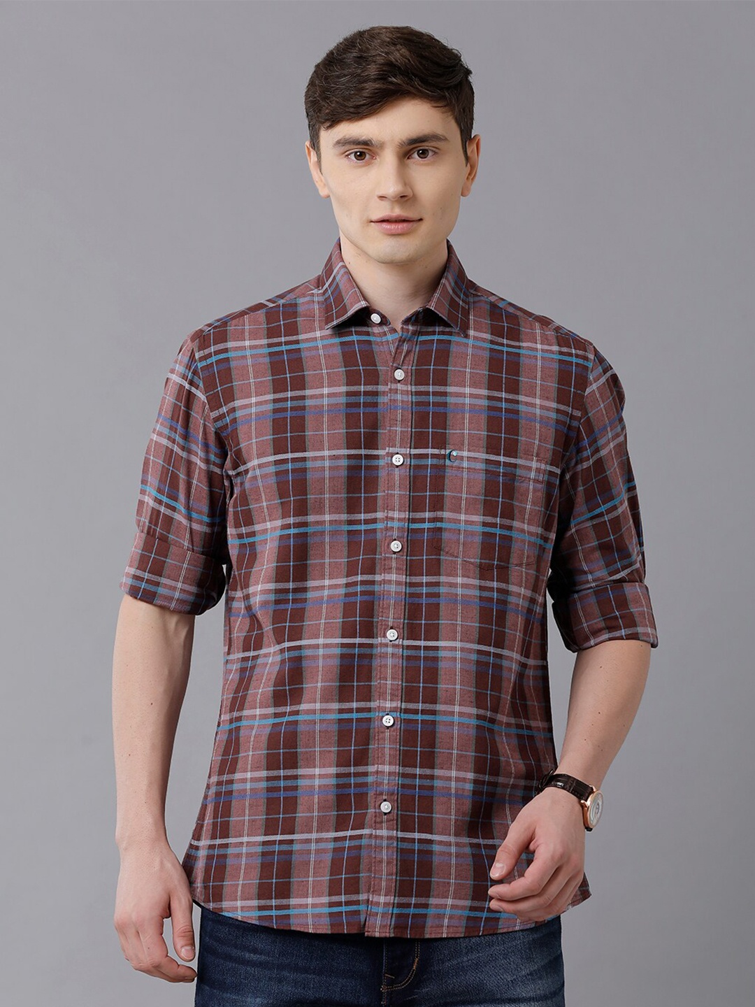 

CAVALLO by Linen Club Men Coffee Brown Checked Linen Regular Fit Casual Shirt