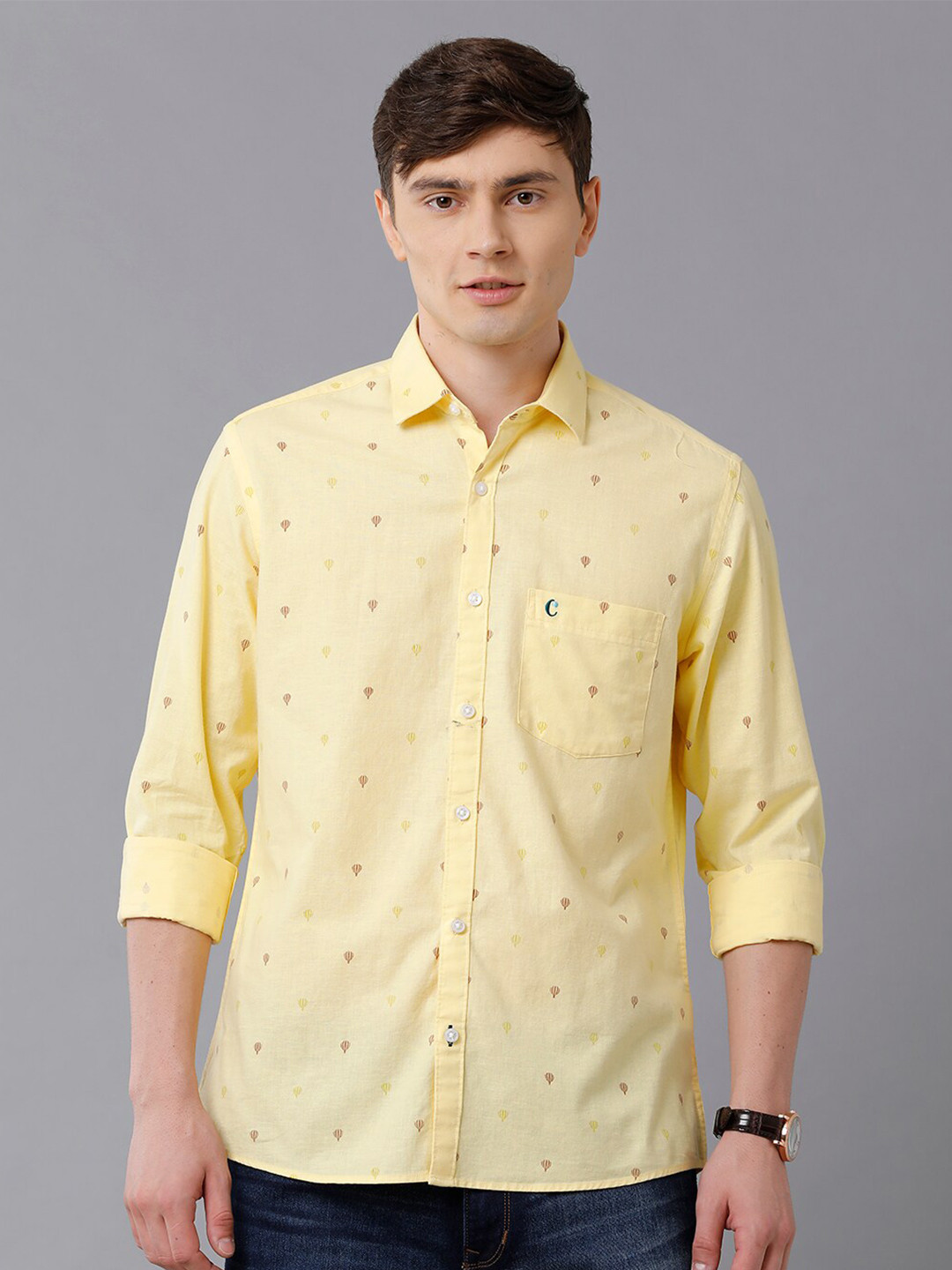 

CAVALLO by Linen Club Men Yellow Printed Linen Regular Fit Casual Shirt