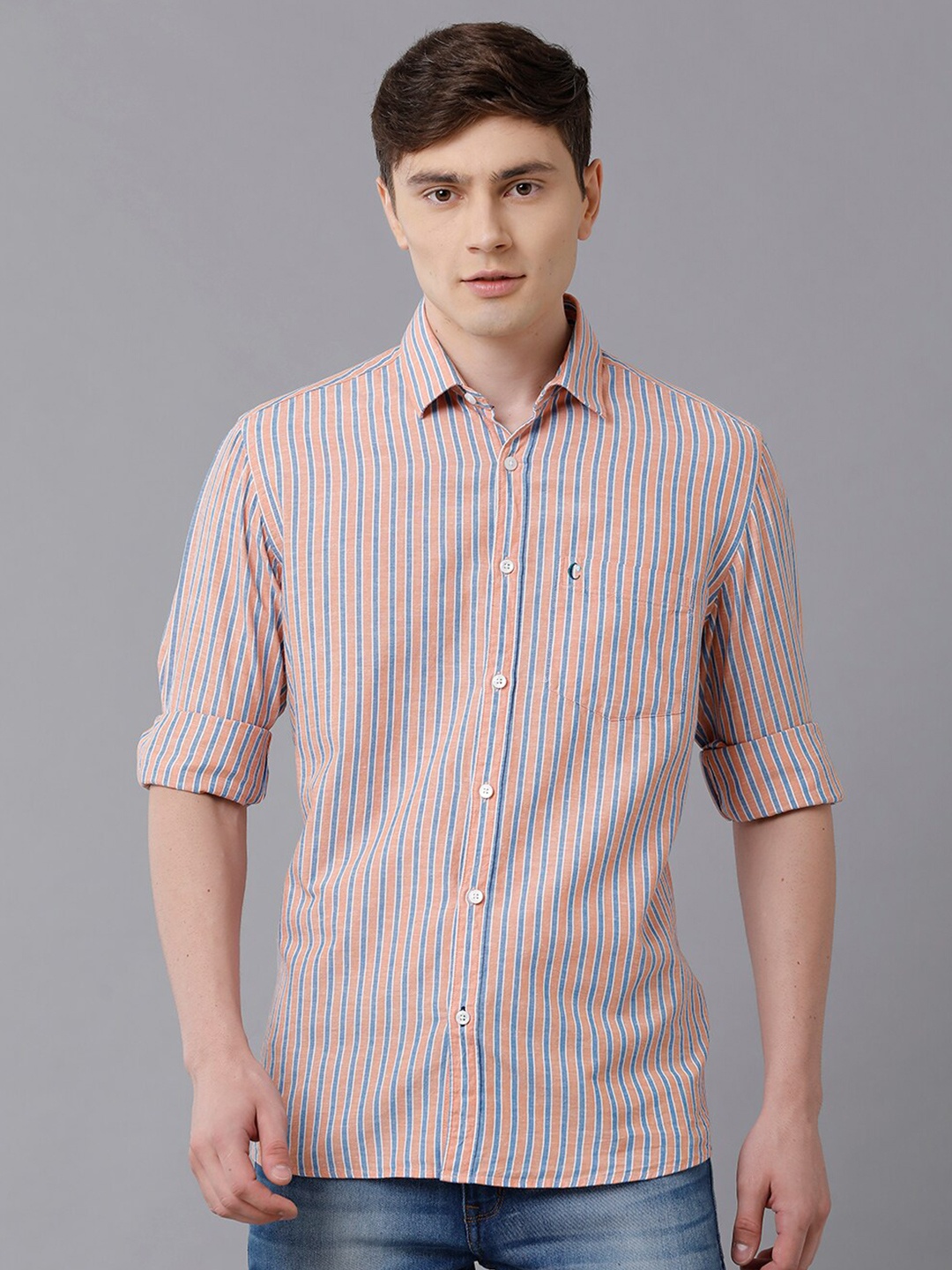 

CAVALLO by Linen Club Men Orange & Blue Striped Linen Regular Fit Casual Shirt