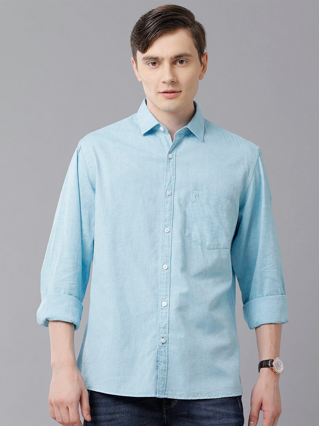 

CAVALLO by Linen Club Men Turquoise Blue Solid Linen Regular Fit Casual Shirt