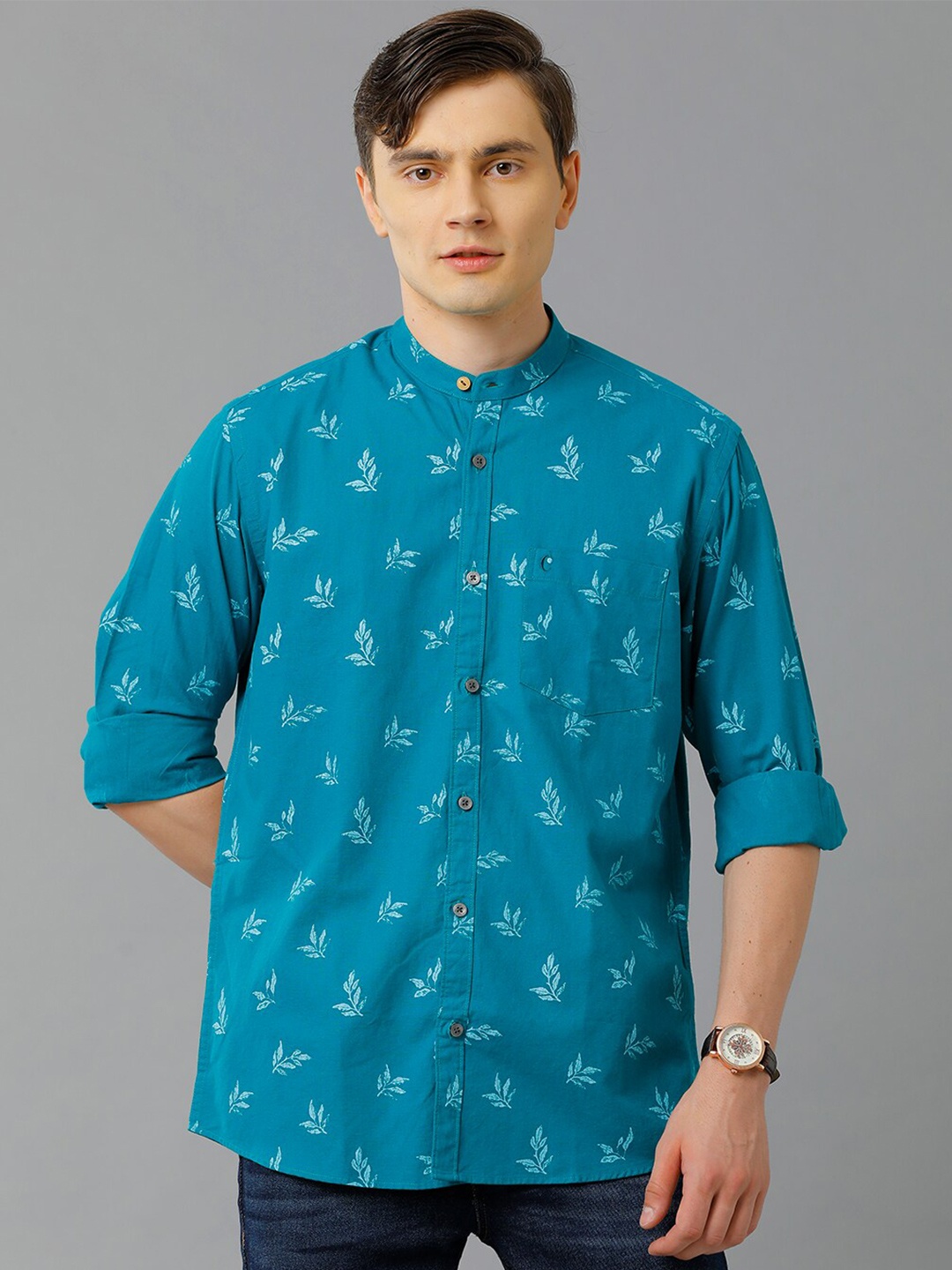 

CAVALLO by Linen Club Men Turquoise Blue Printed Linen Regular Fit Casual Shirt