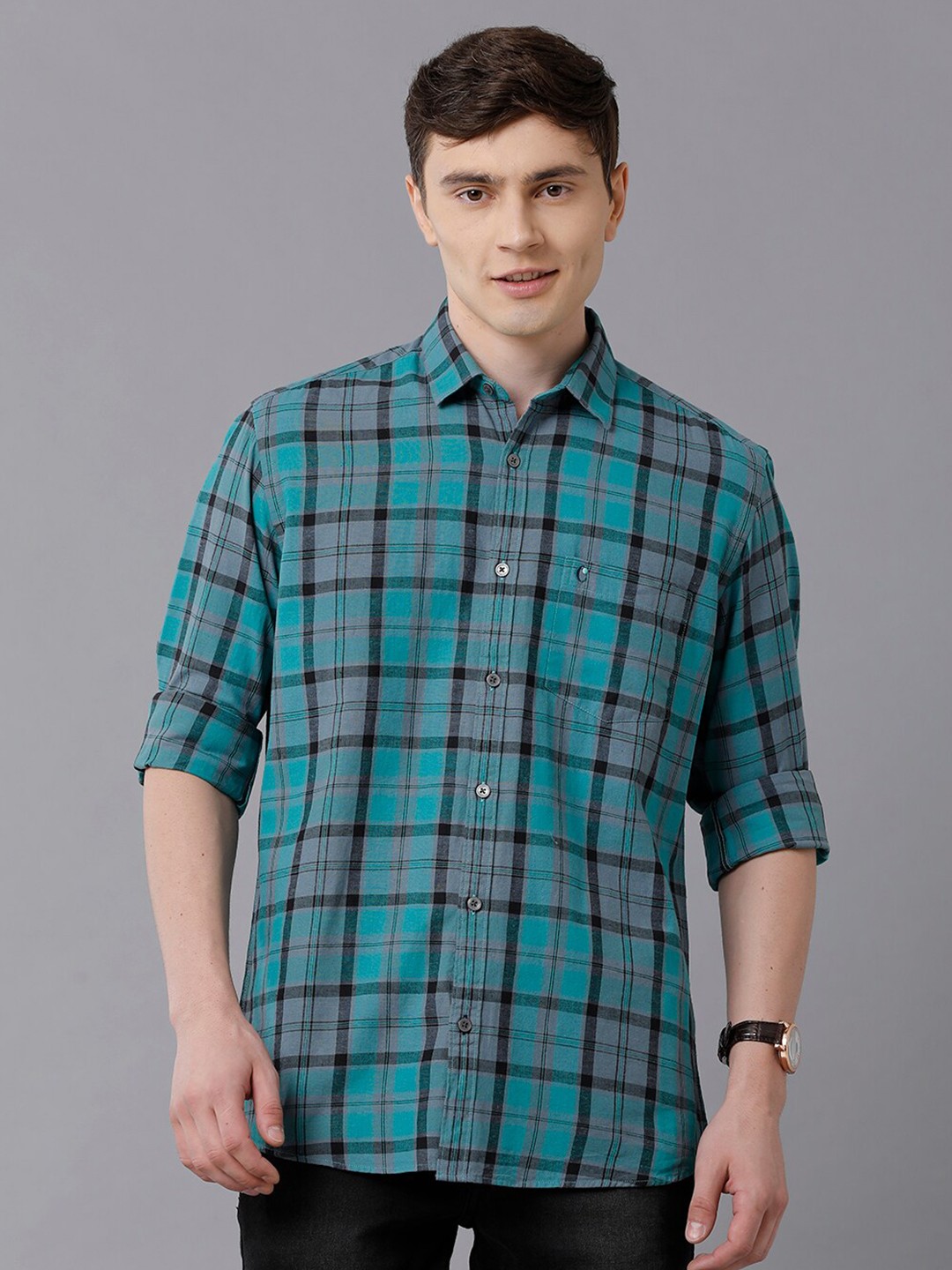 

CAVALLO by Linen Club Men Turquoise Blue & Black Checked Linen Regular Fit Casual Shirt