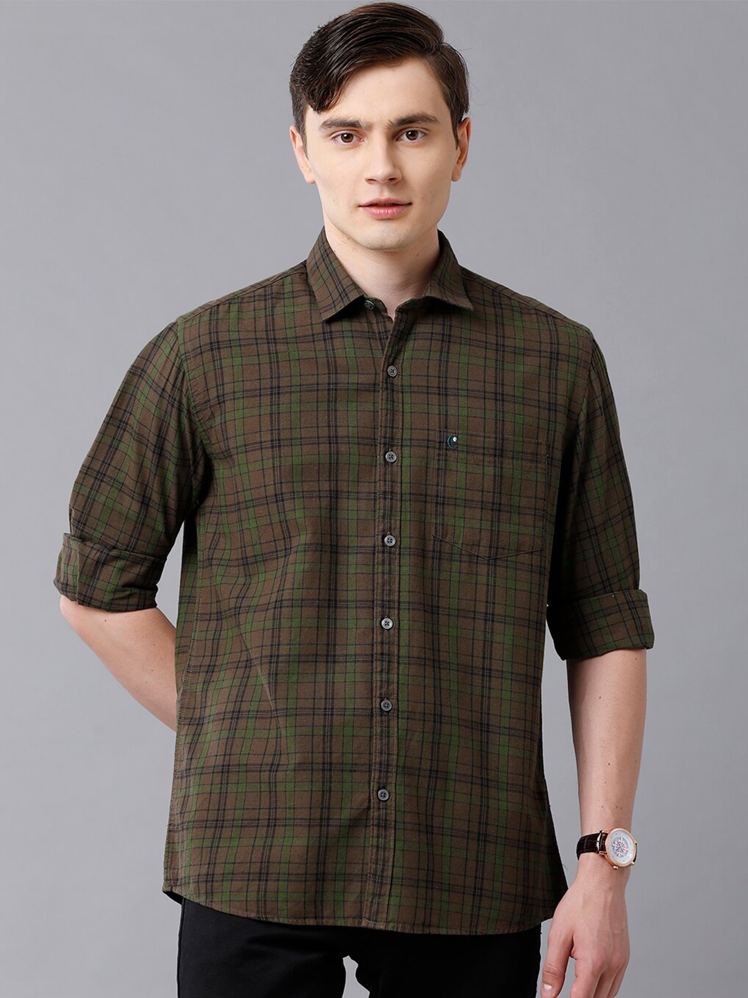 

CAVALLO by Linen Club Men Olive Green Checked Linen Regular Fit Casual Shirt