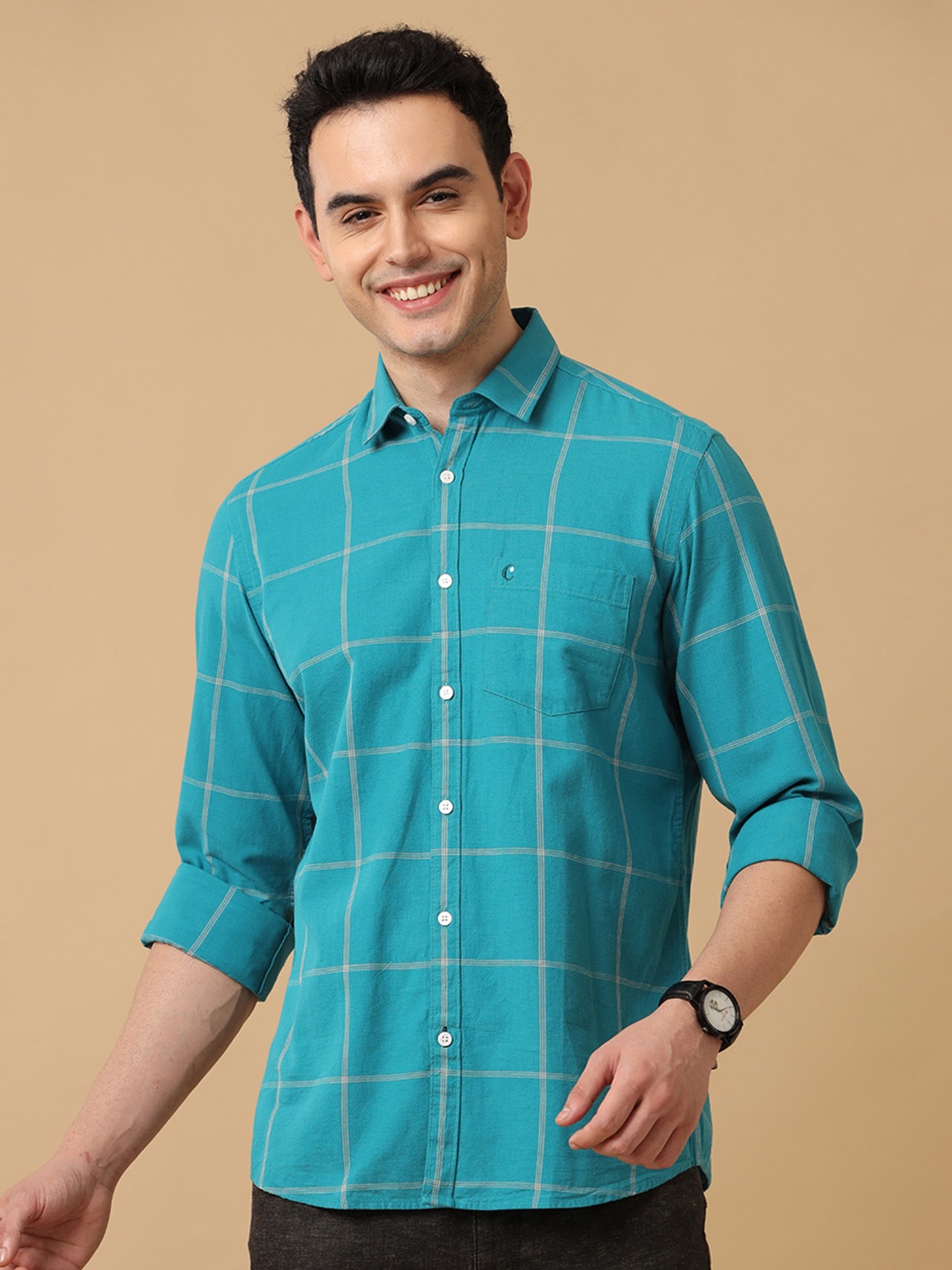 

CAVALLO by Linen Club Men Turquoise Blue Checked Linen Regular Fit Casual Shirt