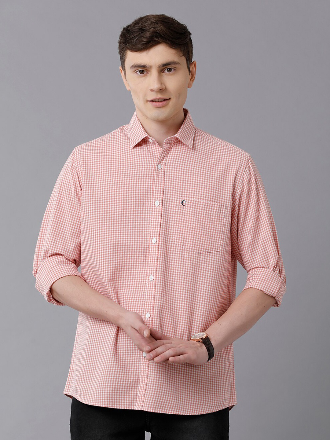 

CAVALLO by Linen Club Men Coral & White Micro Checked Linen Regular Fit Casual Shirt