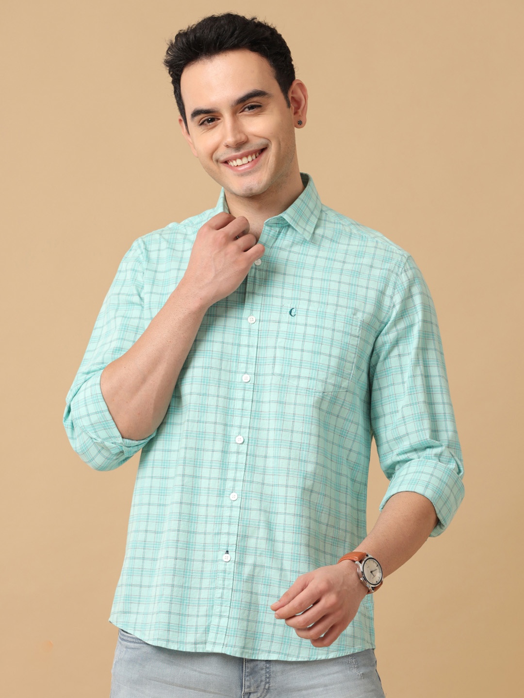 

CAVALLO by Linen Club Men Blue Checked Linen Regular Fit Casual Shirt