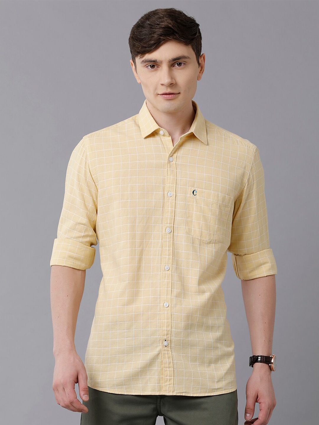 

CAVALLO by Linen Club Men Yellow & White Checked Linen Regular Fit Casual Shirt