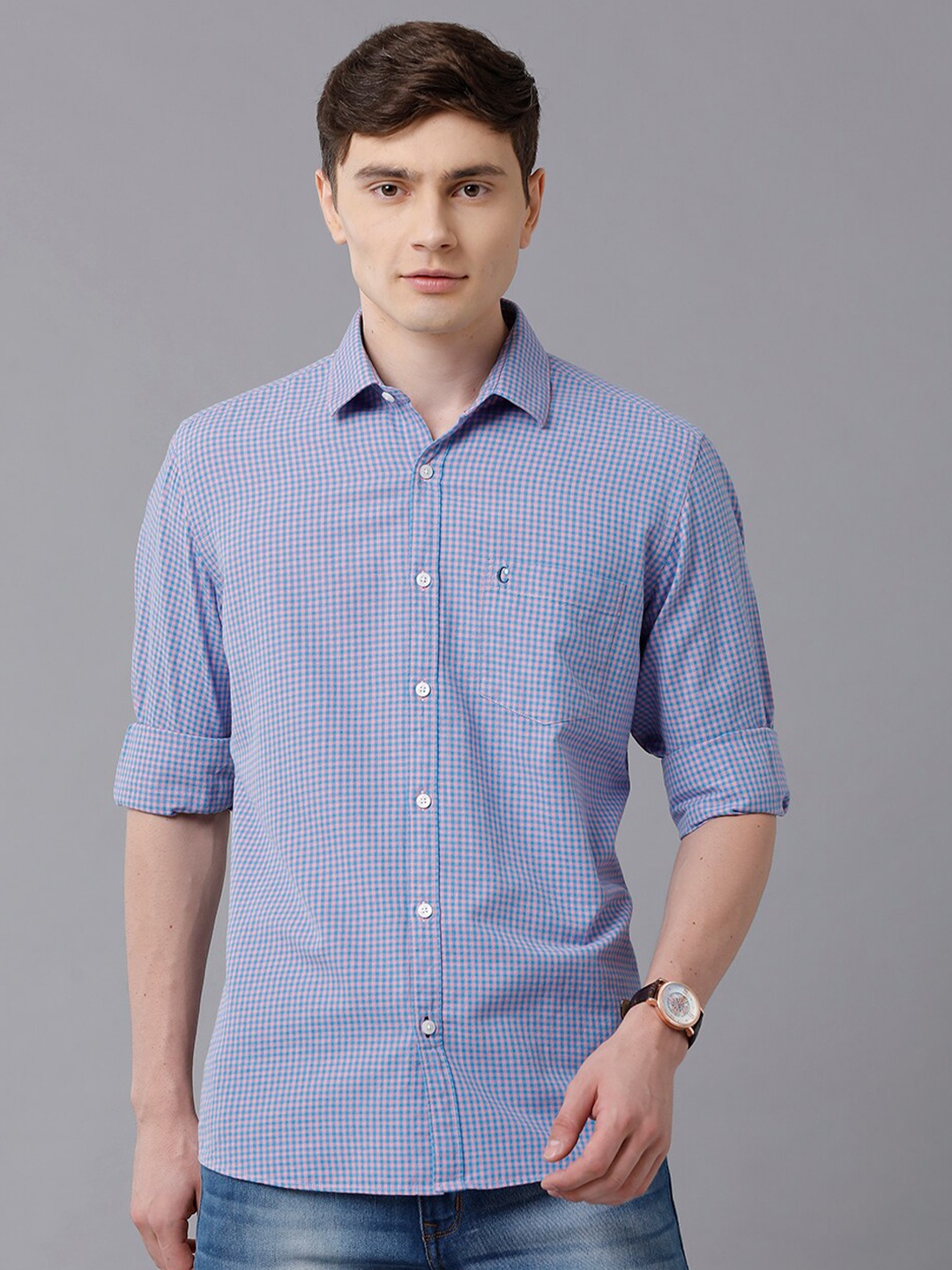 

CAVALLO by Linen Club Men Blue & Pink Checked Linen Regular Fit Casual Shirt