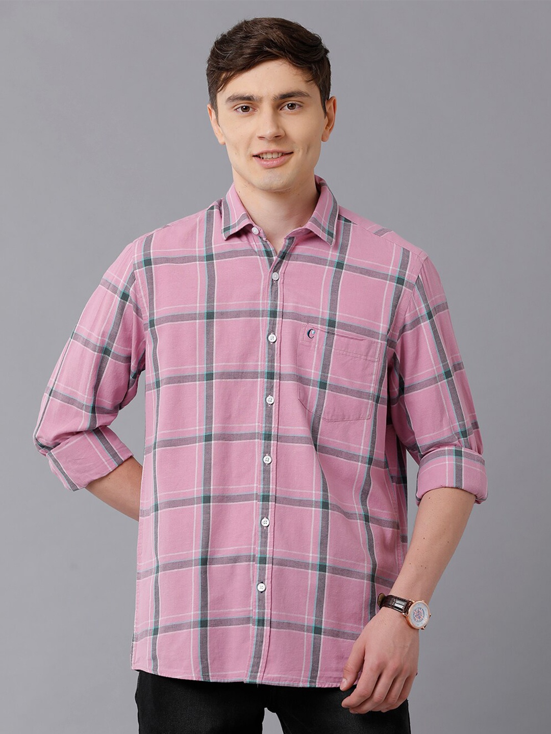 

CAVALLO by Linen Club Men Pink Checked Linen Regular Fit Casual Shirt