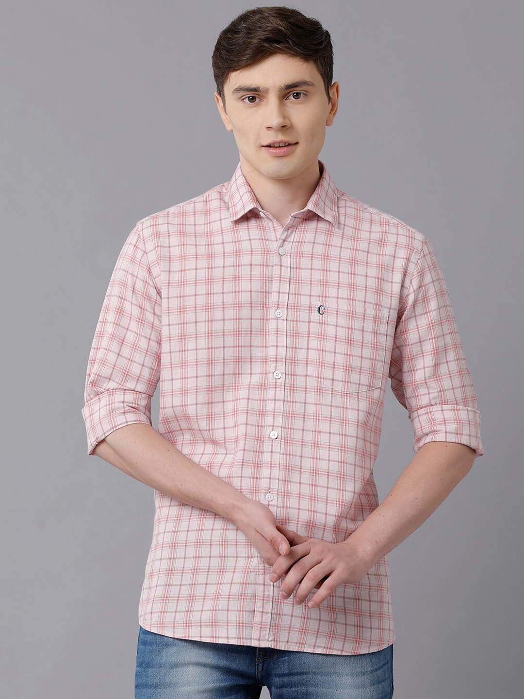 

CAVALLO by Linen Club Men Pink Checked Linen Regular Fit Casual Shirt