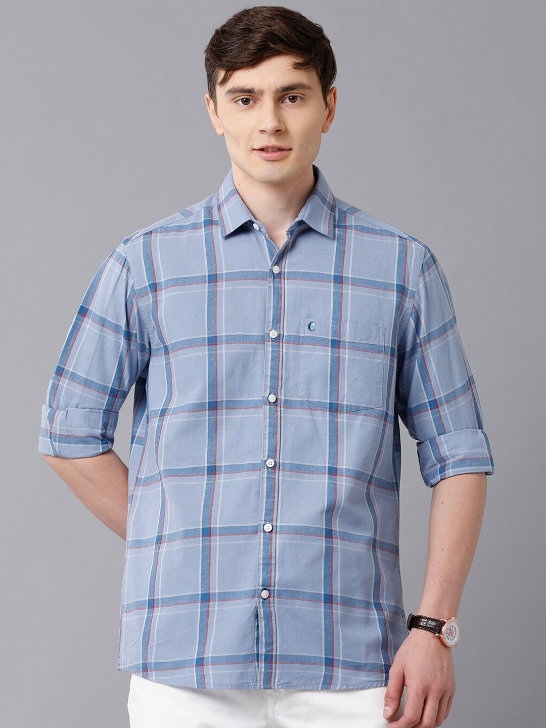 

CAVALLO by Linen Club Men Blue Checked Linen Regular Fit Casual Shirt