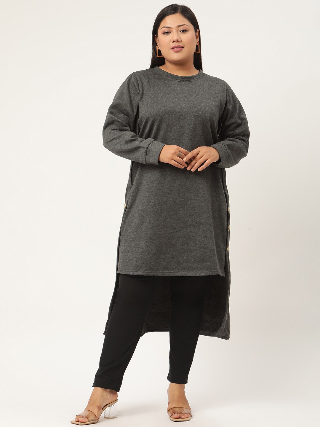 

theRebelinme Women Charcoal Solid High-Low Longline Top