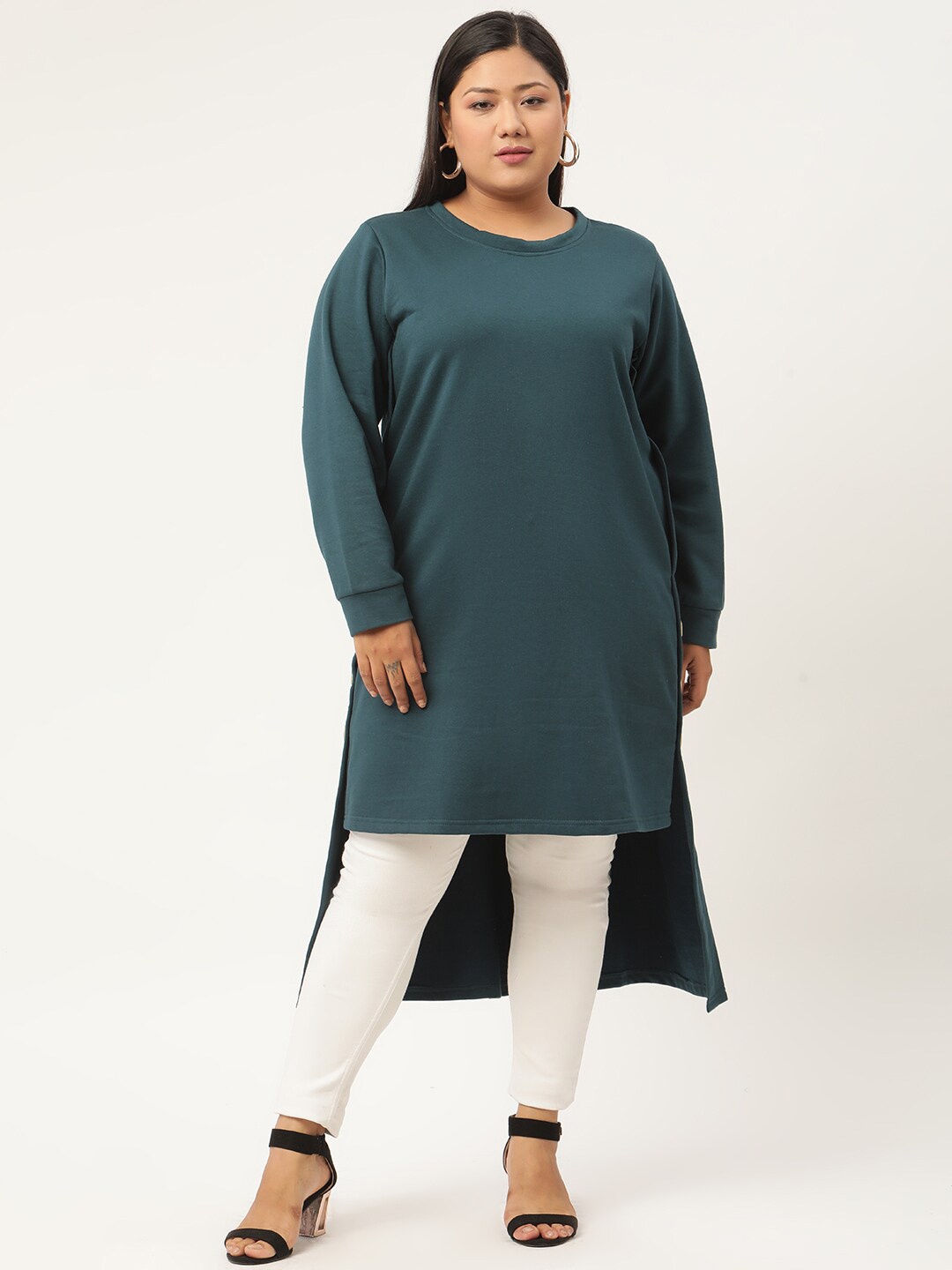 

theRebelinme Women Teal Green Solid High-Low Longline Top