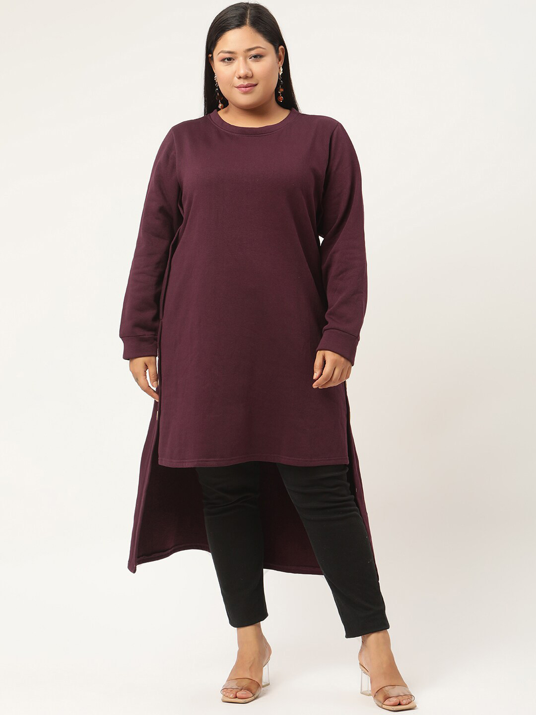 

theRebelinme Women Burgundy Solid High-Low Cotton Kurta