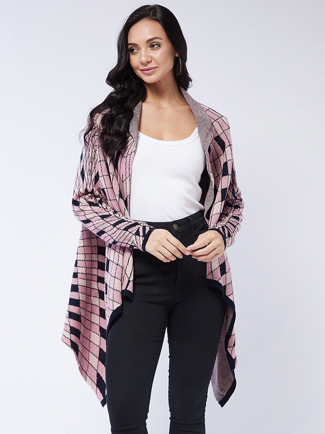 

Modeve Women Pink & Black Printed Longline Waterfall Shrug