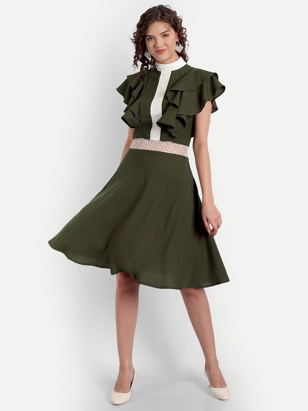 

PARASSIO CLOTHINGS Women Olive Green & White Ruffle Sleeve Dress