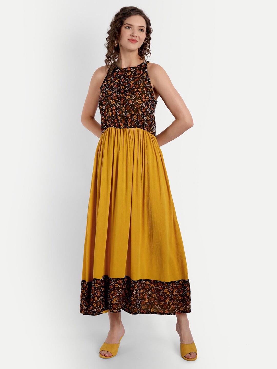 

PARASSIO CLOTHINGS Women Mustard Yellow & Black Floral Georgette Maxi Dress