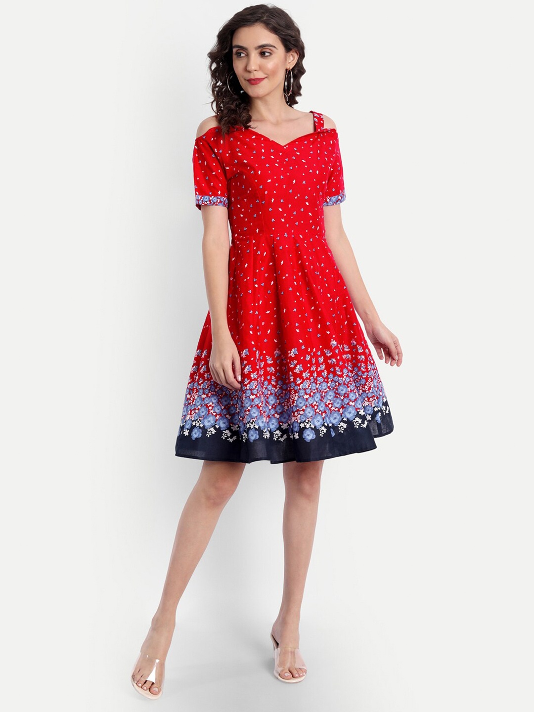 

PARASSIO CLOTHINGS Women Red & Blue Floral Printed Cotton Dress