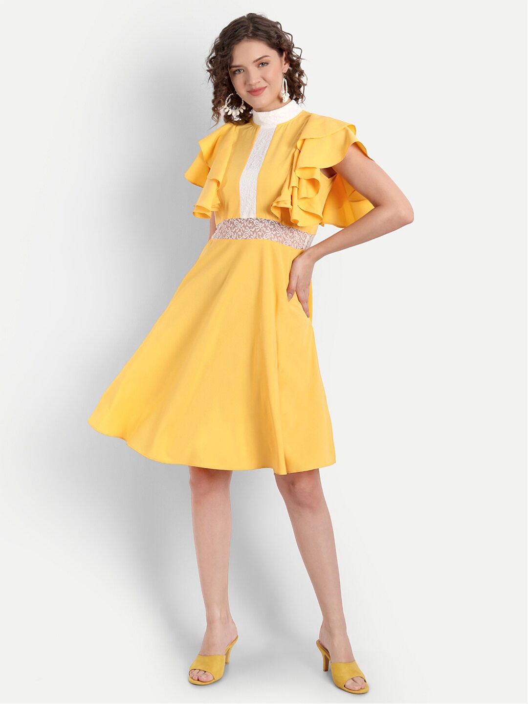 

PARASSIO CLOTHINGS Women Yellow & White Ruffle Sleeves Dress