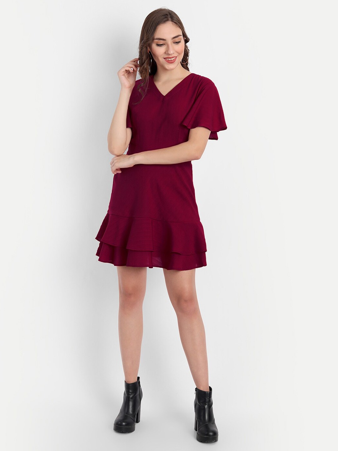 

PARASSIO CLOTHINGS Women Maroon Georgette Mini Dress