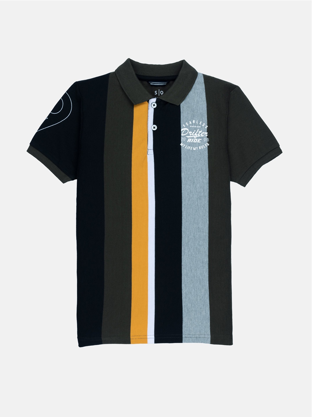 

Status Quo Boys Olive Green & Black Striped Polo Collar Cotton T-shirt