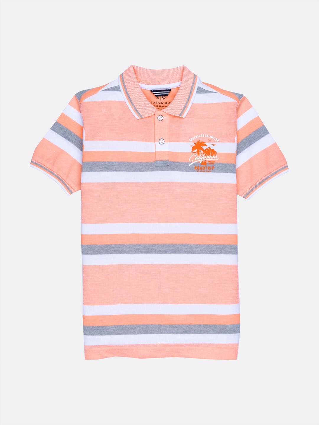 

Status Quo Boys Peach-Coloured & Grey Striped Polo Collar Cotton T-shirt