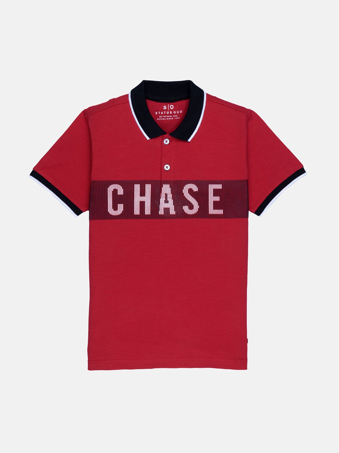 

Status Quo Boys Red Typography Printed Polo Collar Cotton T-shirt