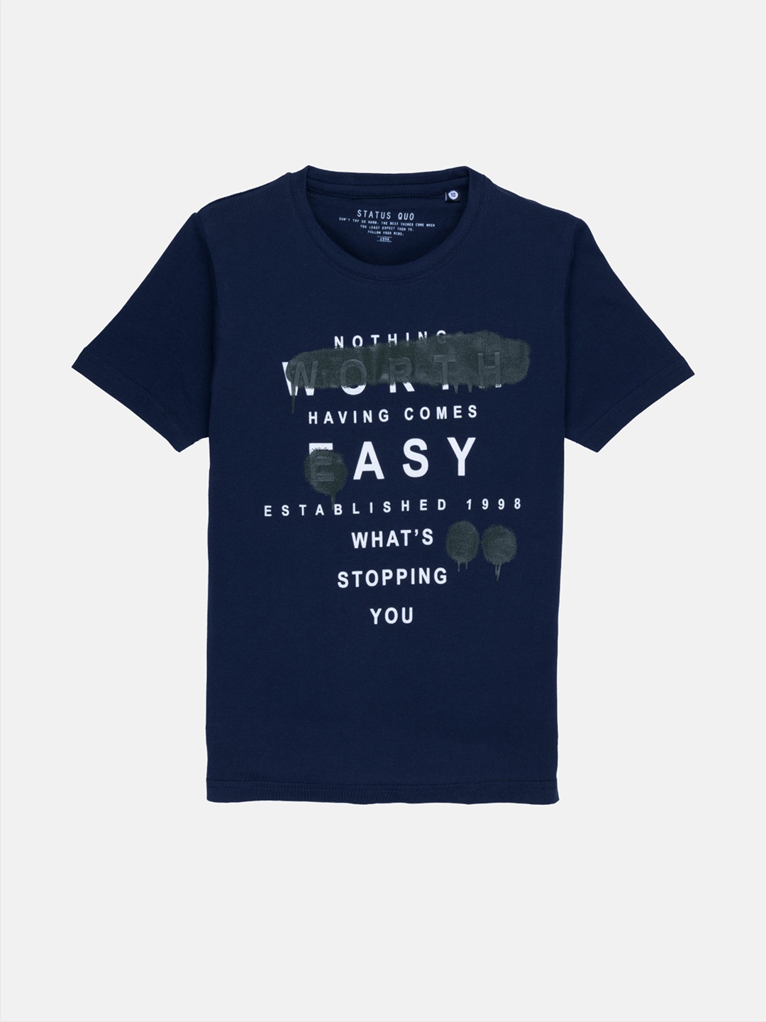 

Status Quo Boys Navy Blue Typography Printed Cotton T-shirt